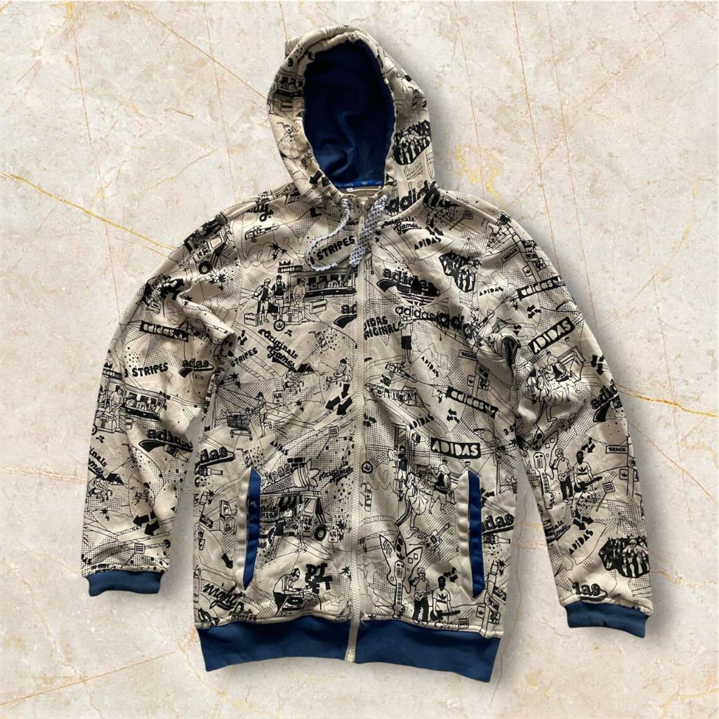 preloved hoodie zipper adidas aop putih biru size M