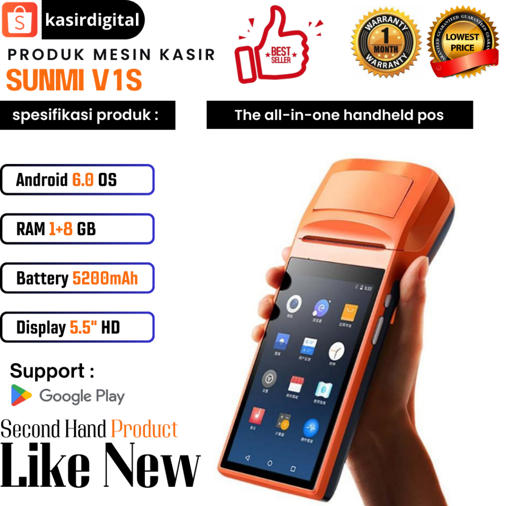Mesin Kasir Android Portable SUNMI V1s RAM 1+8 GB Second Bergaransi Support Playstore