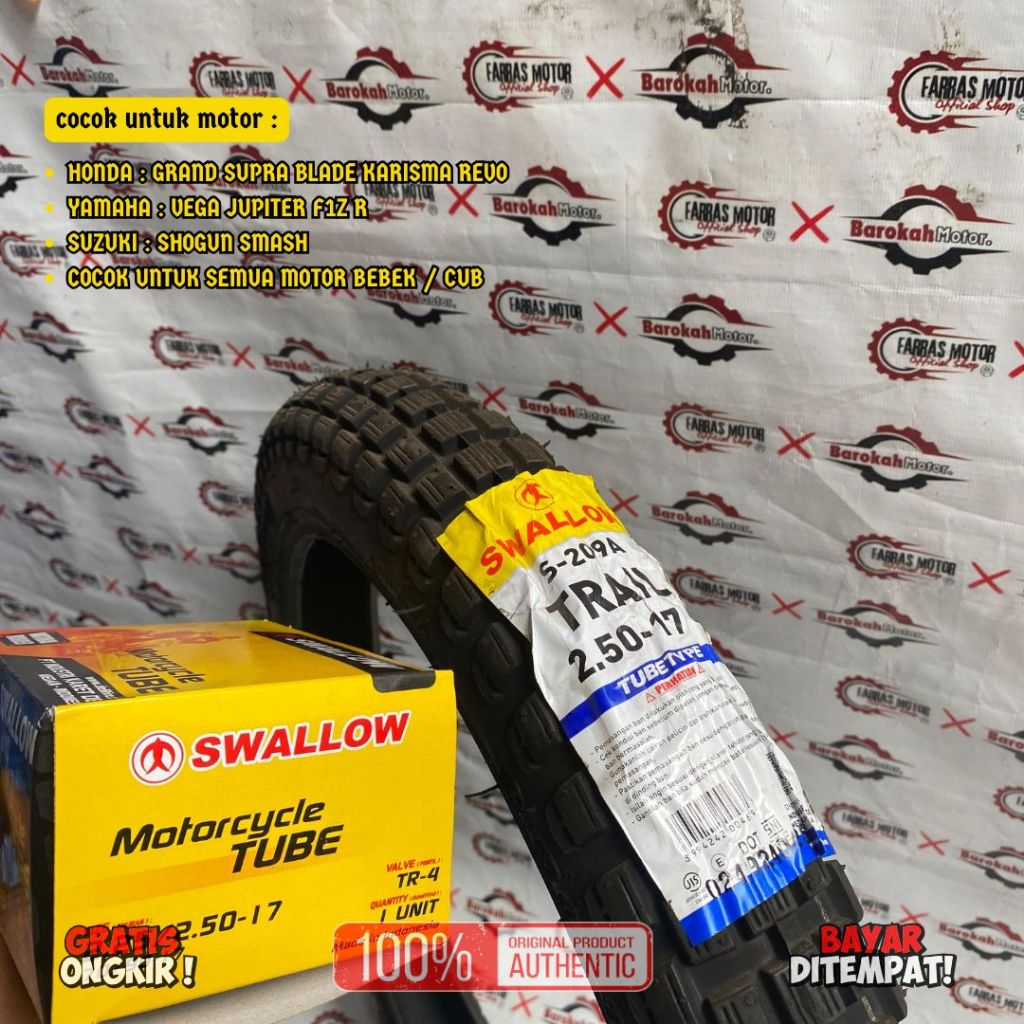 PAKET BAN LUAR TRAIL DAN BAN DALAM DEPAN SWALLOW BAN LUAR TUBE TYPE 250-17 (70/90-17) RING 17 BISA U