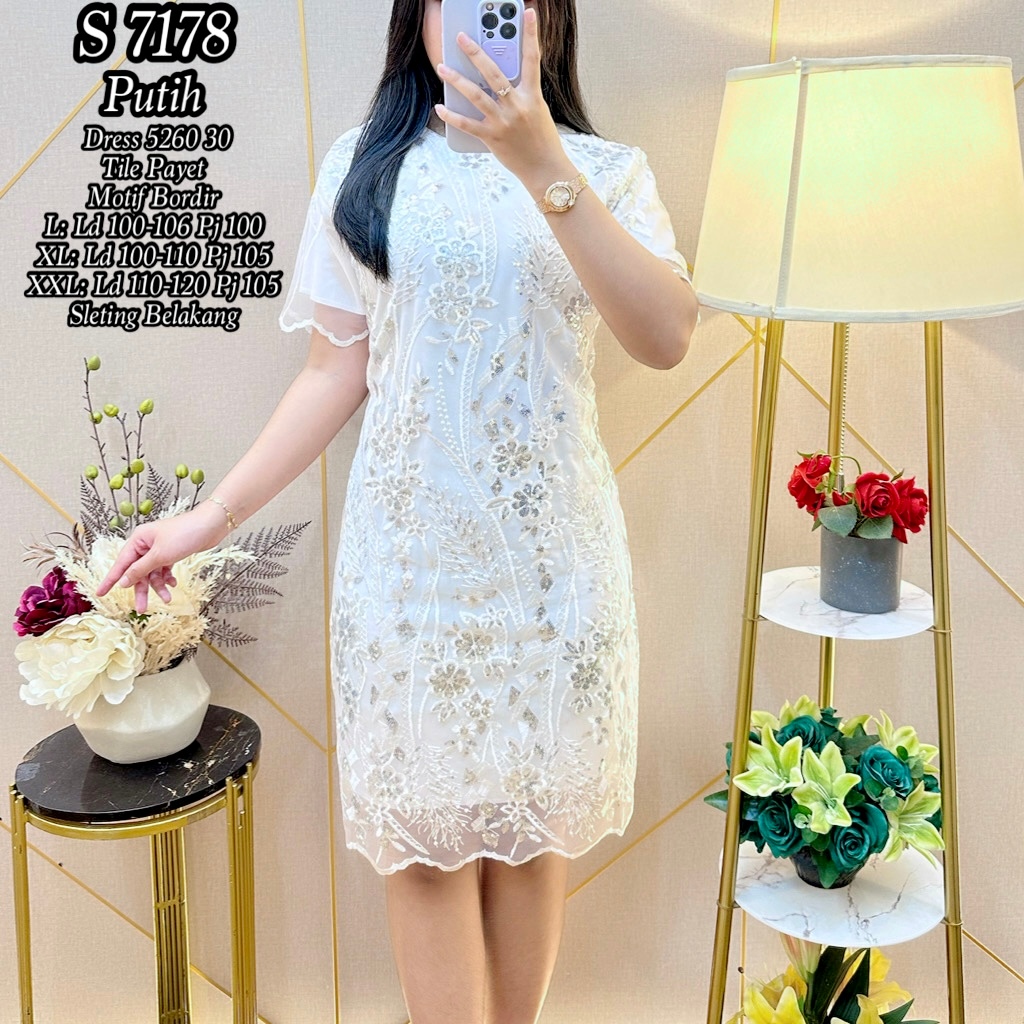 7178 Dress Tile Bordir Payet Putih Midi Dress Pesta Wanita Standar-Jumbo 5260