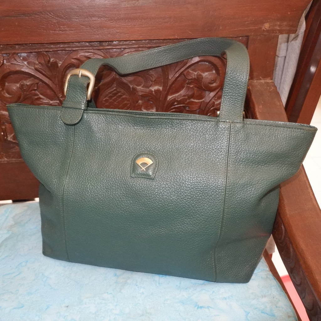 Tas Kulit Asli PL Preloved Tote Bag No Brand Warna Hijau Botol