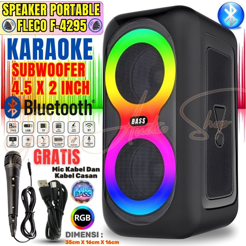 HOT SALE Speaker Bluetooth Portable Suara Jernih Full Bass FLECO F-4295 RGB LED Bonus Mic Kabel