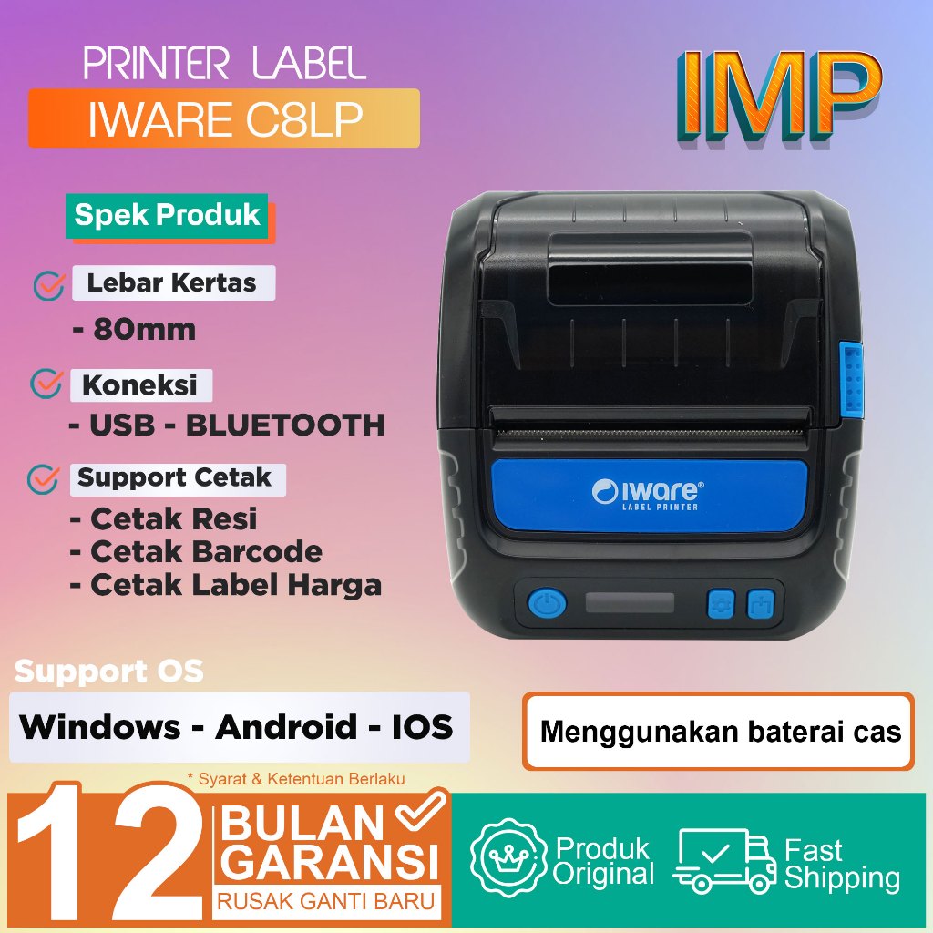 Printer Label Thermal Barcode 80mm Portabel Iware C8LP
