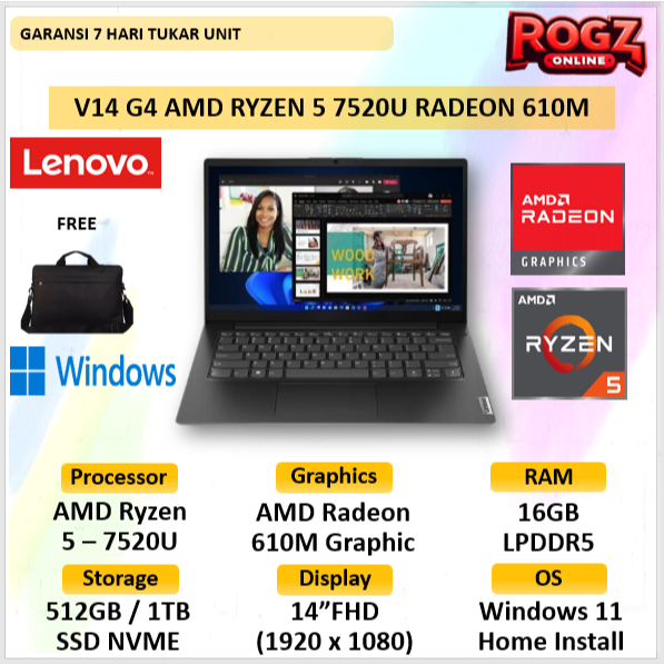Lenovo V14 G4 Ryzen 5 7520U 16GB 1TB SSD W 11 14.0 Full HD Laptop Bisnis Lenovo V 14 Gen 4 AMD