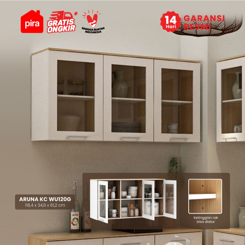 PIRA METROPOLIS OX -  ARUNA KC WU120G Rak Dapur / Rak Gantung Dapur / Kitchen Set Atas 3 Pintu Kaca