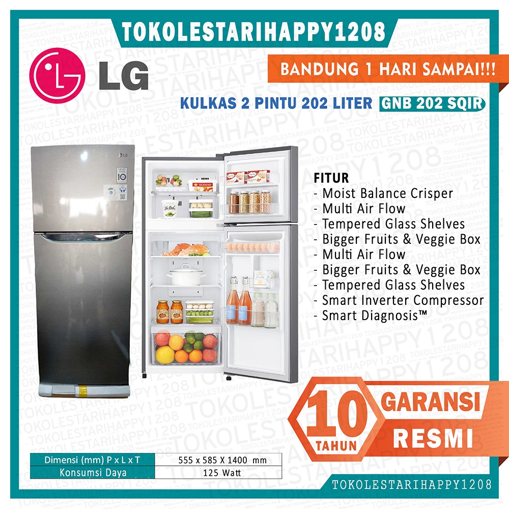 KULKAS 2 PINTU LG GN-B 202 SQIR INVERTER 187/205 LITER LUAR BANDUNG KARGO MURAH GARANSI RESMI