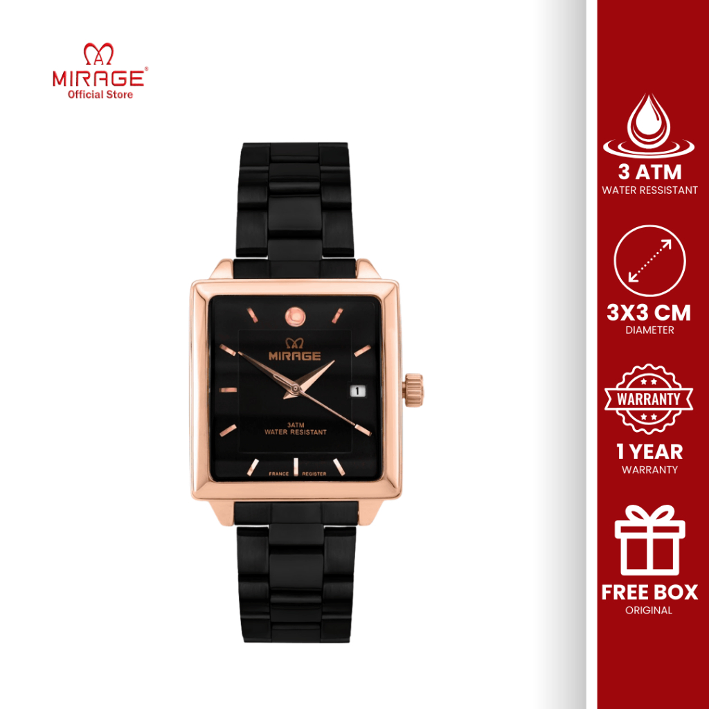 Mirage Jam Tangan Pria Anti Air Analog Mewah Segi Stainless Hitam Rosegold Original Garansi 8834 M