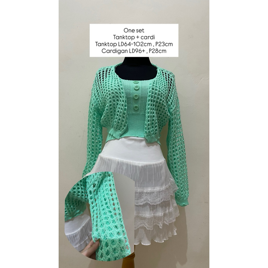 one set wanita / set tanktop cardigan / one set tanktop cardigan hijau tosca