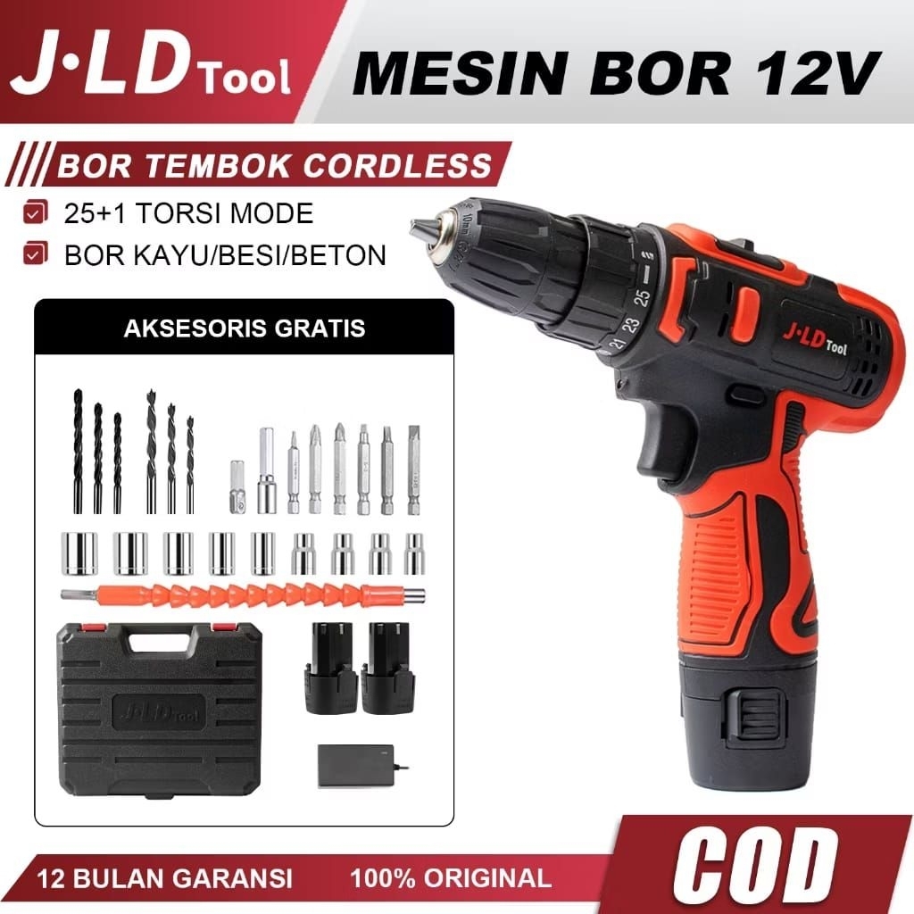 JLD 12VF Mesin Bor Baterai Murah Berkualitas Bor Cas Jld Bor Case 2 Batre Merah Fullset Portable 25+