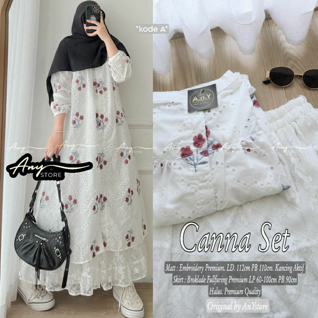 Canna setelan long tunik katbol white putih motif bunga bordir cantik