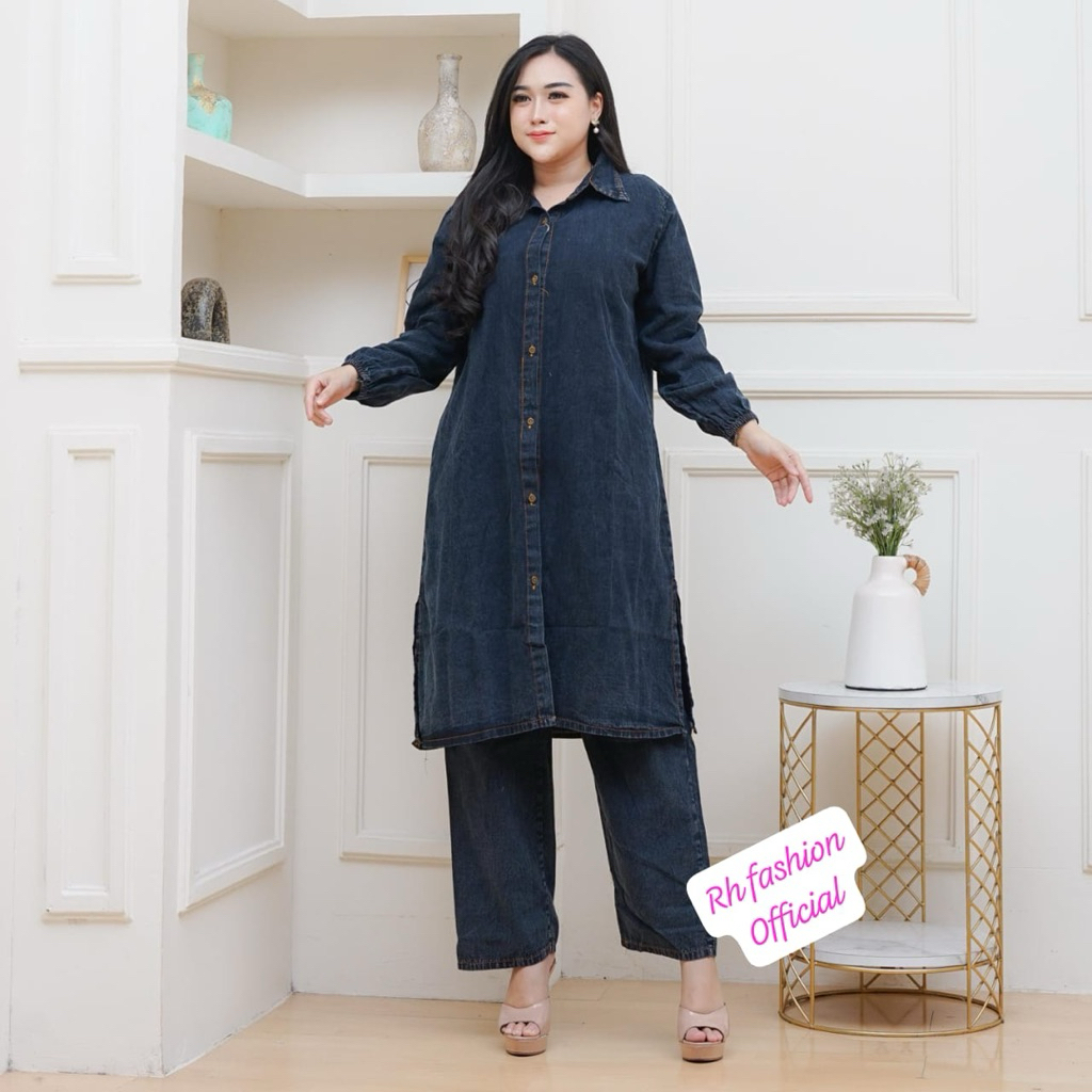 Jammie Setcel Tunik Jeans Premium Quality Setelan Celana Jeans & Tunik Panjang