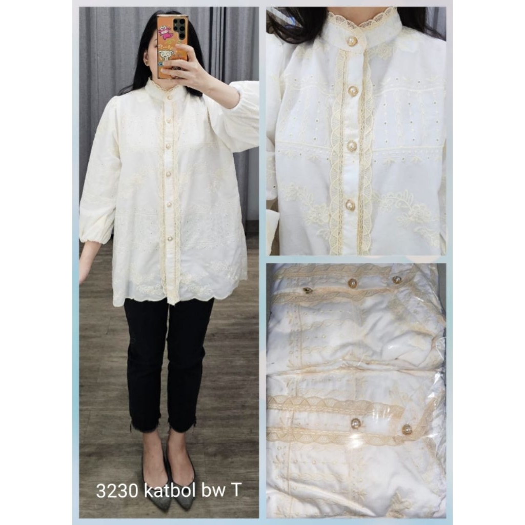 Blouse Wanita KatBol Premium Bordir Putih Ivory – Atasan Elegan Lengan Balon