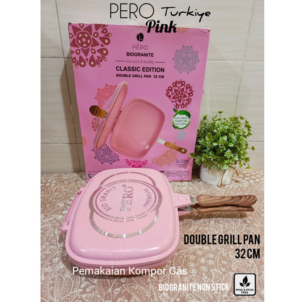 PERO DOA Jumbo Double Grill Pan 32 CM PINK / Oven Effect Non Stick Biogranite 6 Layers
