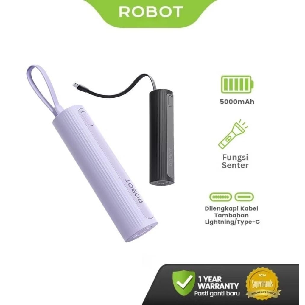 Powerbank Robot RT-051C/L 5000 Mah Mini Powerbank Travel Size Fungsi Senter Original