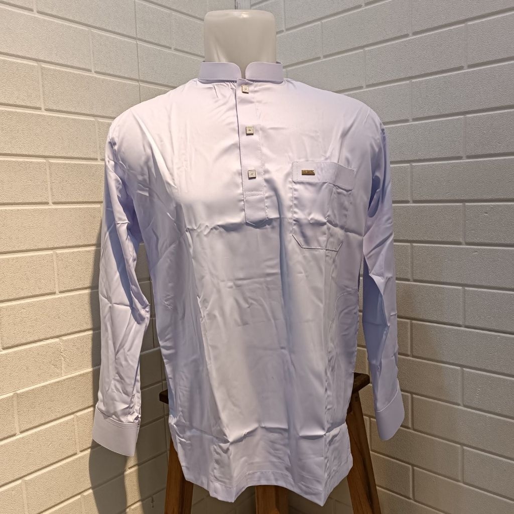 Baju Koko Busana Muslim Pria Al-Wafa/AWF Gold Warna Putih Polos Lengan Panjang Manset