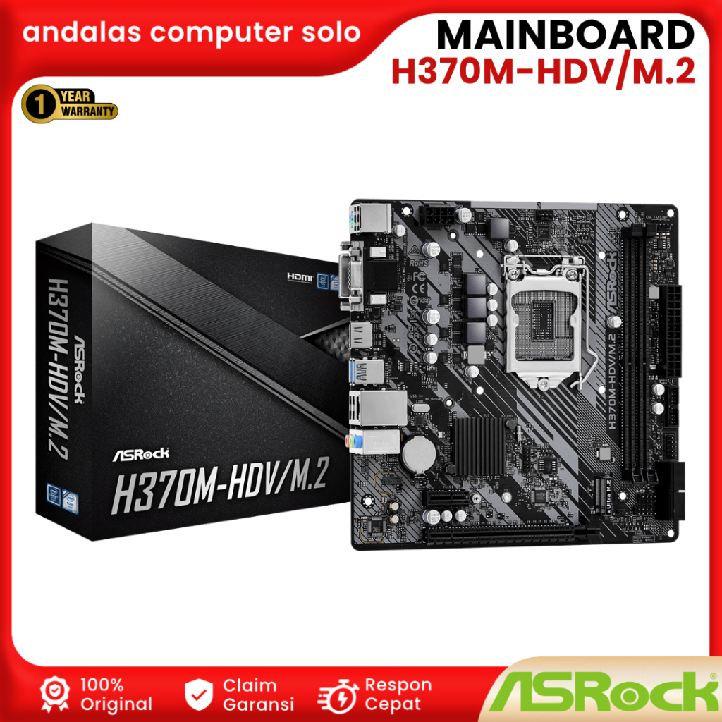 MOTHERBOARD MOBO ASROCK H370M-HDV/M.2 LGA1151 ULTRA M.2 32 Gb/s (PCIe Gen3 x4 & SATA3) MAINBOARD MB