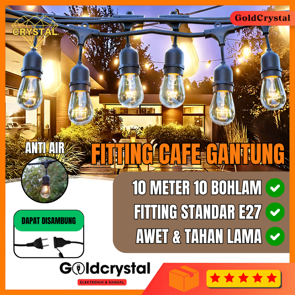 Kabel Fitting Lampu Cafe 10M/10Fitting Taman Gantung Dekorasi Outdoor Lampu Caffe/Hias
