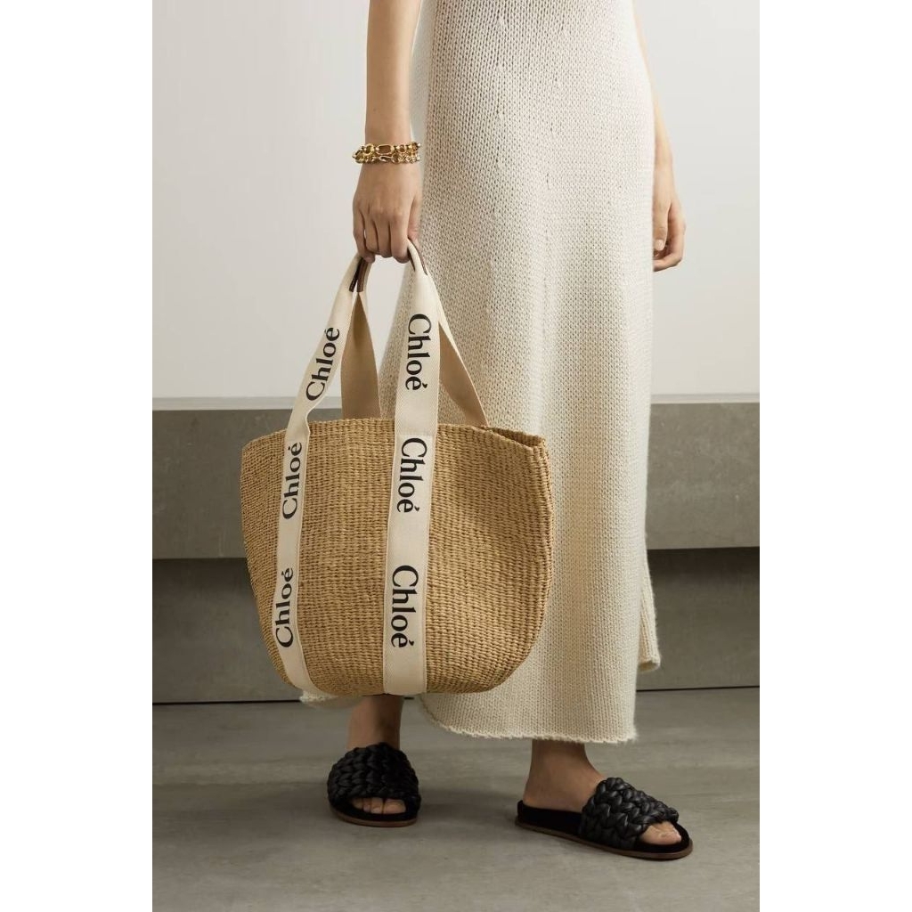 Chloe Large Woody Raffia Tote Bag White
