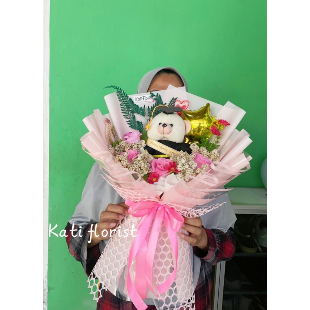 Buket Boneka Wisuda, bunga artificial mix Edelweis
