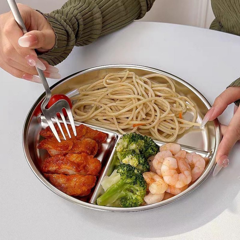 Round Piring Makan Bayi Stainless Steel 3 Sekat Piring Makan Anak Anti Tumpah - AJG