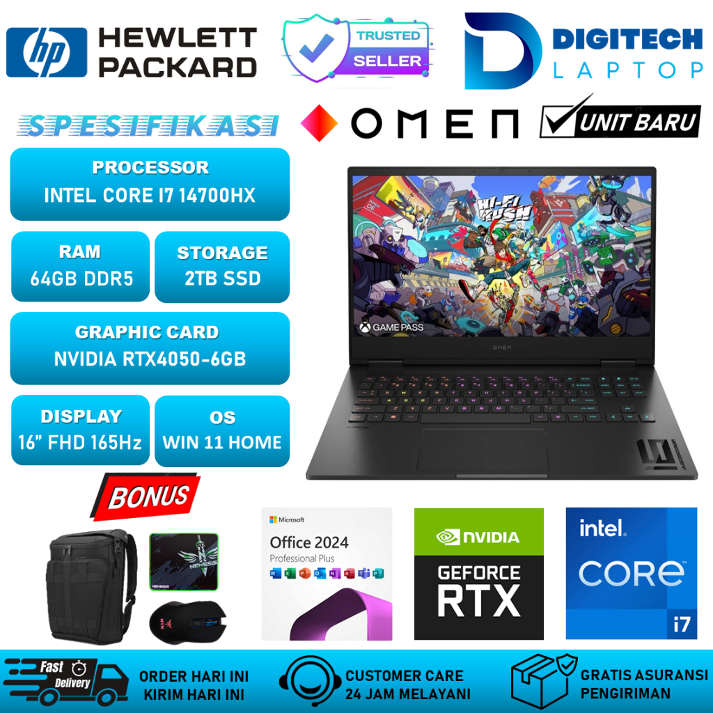 Laptop HP Omen Intel Core i7 14700HX Ram 32GB 2TB Ssd RTX4060-8GB 16" WQHD Ips 240Hz RGB Windows 11