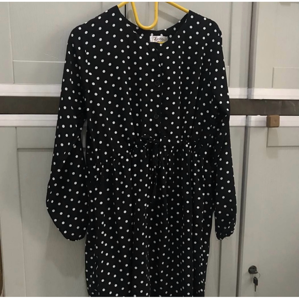 Tunik Dress Polkadot Hitam Lengan Panjang Wanita
