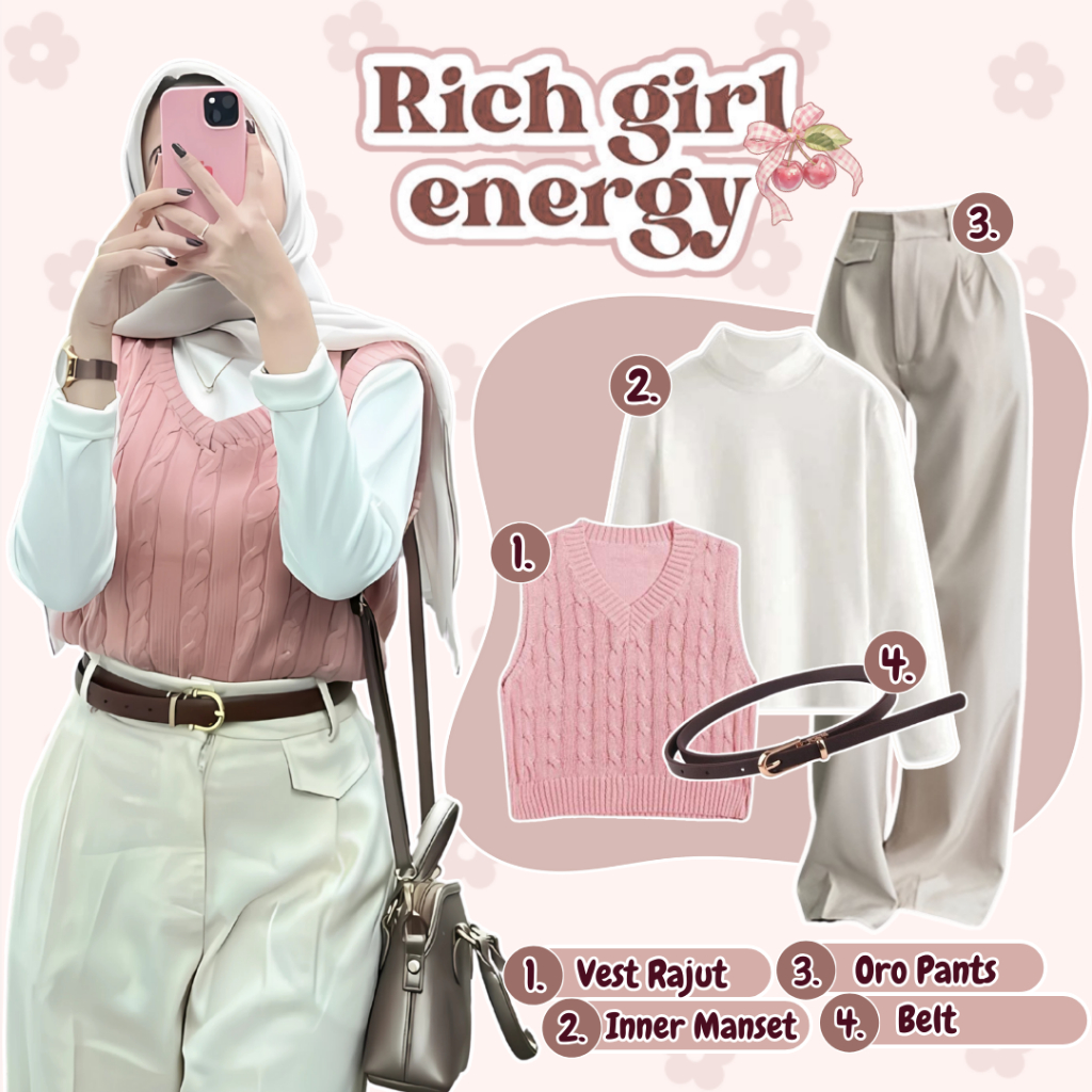 OOTD Hijab Wanita Korean Style (Vest Rajut+Inner+Oro Pants+Belt Coklat) One Set Remaja Hangout -AR26