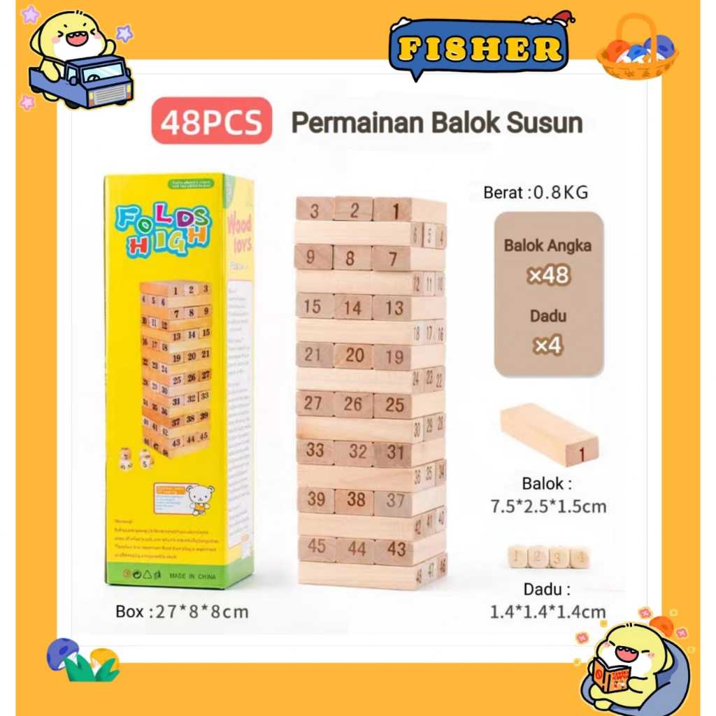 [FISHER] Mainan susun Kayu 48 Balok + 4 dadu