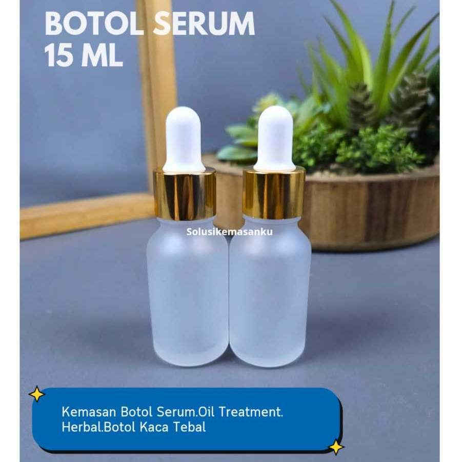 Botol Kaca Pipet 15 Ml Natural Frosted - Ring Alumunium Gold / Botol Pipet 15 Ml / Botol Serum 15 Ml