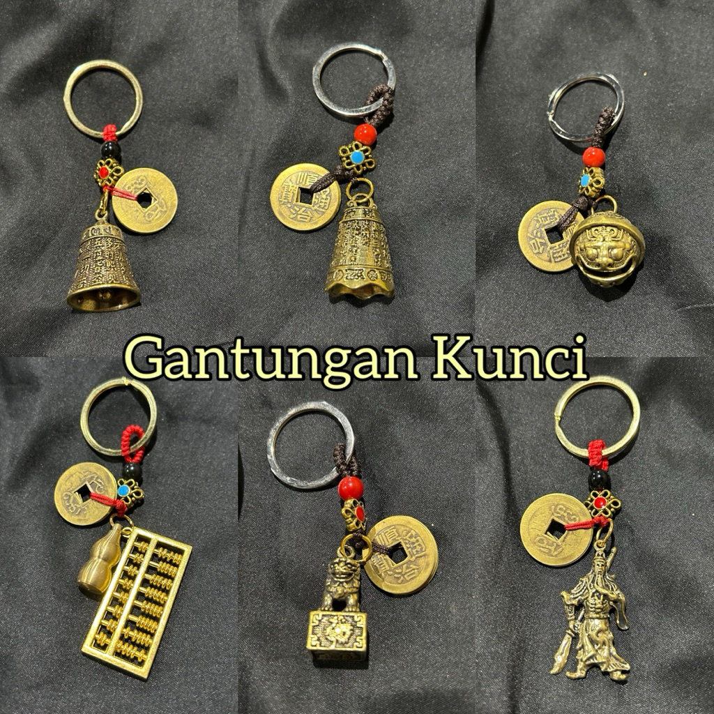 Gantungan kunci fengshui Dewa Kwan Kong Dewi Kwan Im lonceng pagoda sempoa