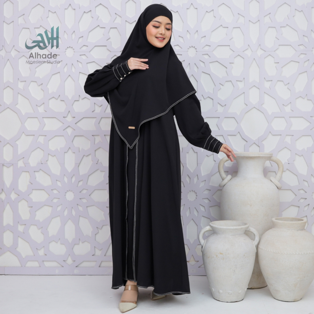 ALHADE Abaya Set Khimar Niqab Abaya Syar'i Muslimah Wanita Dress Gamis Abaya Jetblack Hitam