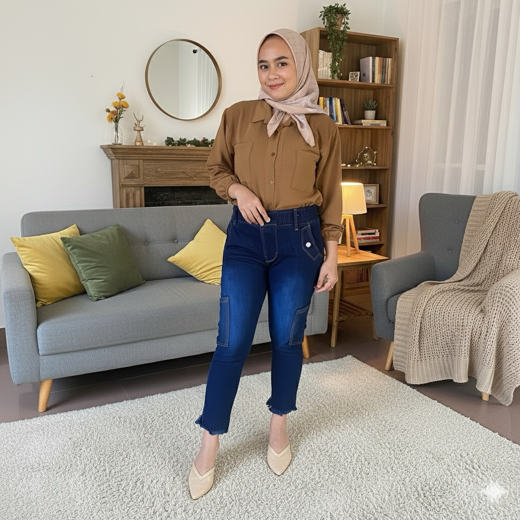 Celana Jeans Cargo Wanita 7/9 Pinggang Karet Rawis — Trendy & Minimalis