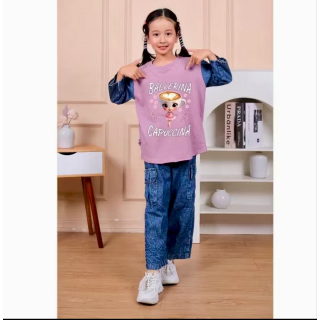 Baju anak perempuan setelan levis cargo anak perempuan Ballerina Cappucina ukuran 3 tahun -14 tahun