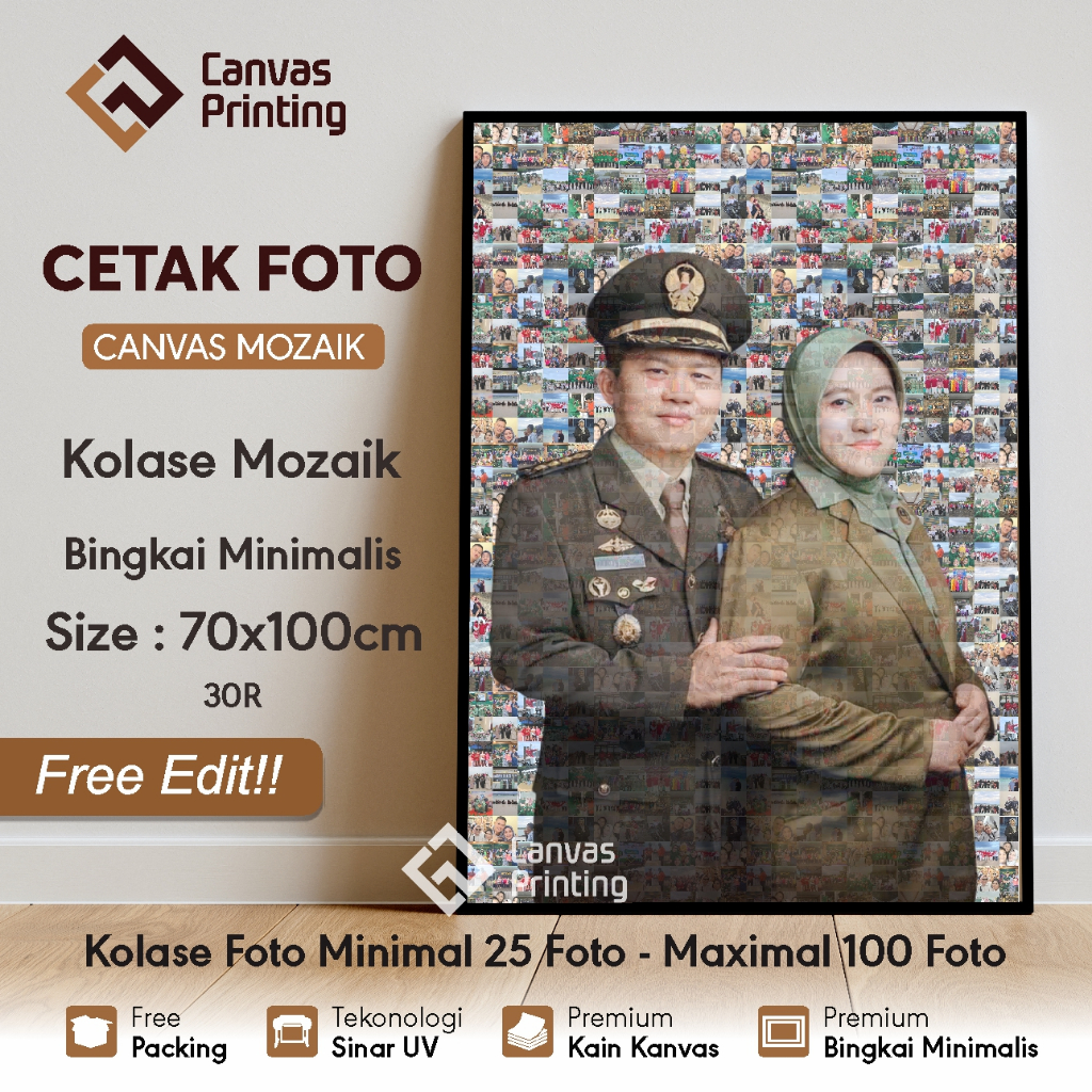Kolase foto mozaik canvas 30R 70x100 bingkai minimalis Sudah termasuk design | Kado mozaik foto