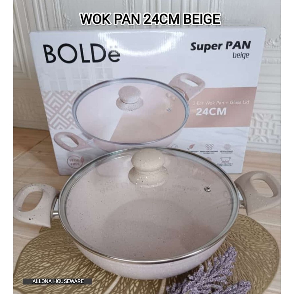 BEIGE EAR WOK PAN 24CM GRANITE TUTUP KACA BOLDE