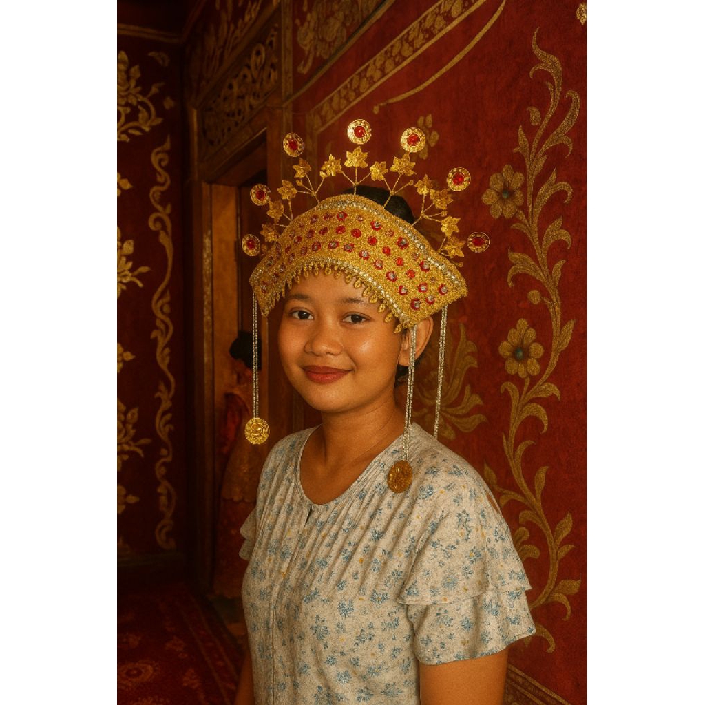 mahkota & bando adat palembang emas permata merah dan putih kristal - aksessoris pernikahan & tarian