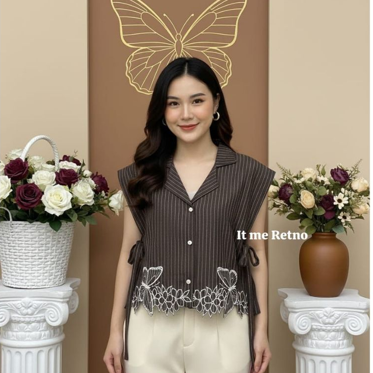 MARIPOSA Vest Wanita Semiwol strip x bordir Tali Pinggang Outer Remaja Dewasa
