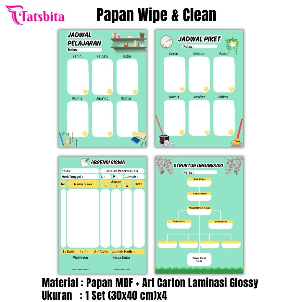 TATSBITA Pajangan Hiasan Dinding Dekorasi Wall Decor Tema Hijau Tosca Jadwal Pelajaran, Jadwal Piket