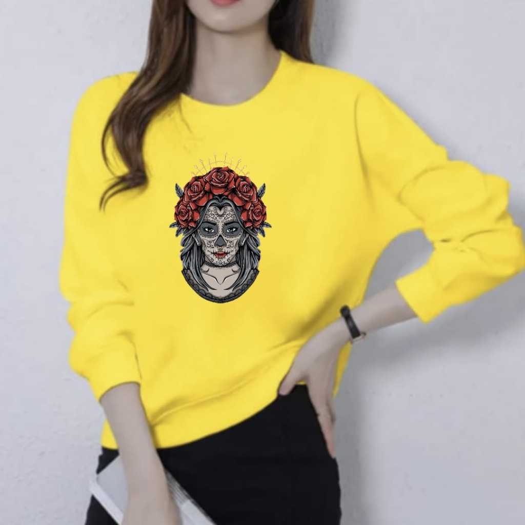 KAOS ATASAN WANITA LENGAN PANJANG DEWASA KEKINIAN MOTIF KEPALA TATO WANITA TRENDY GAMBAR CETAK DTF T