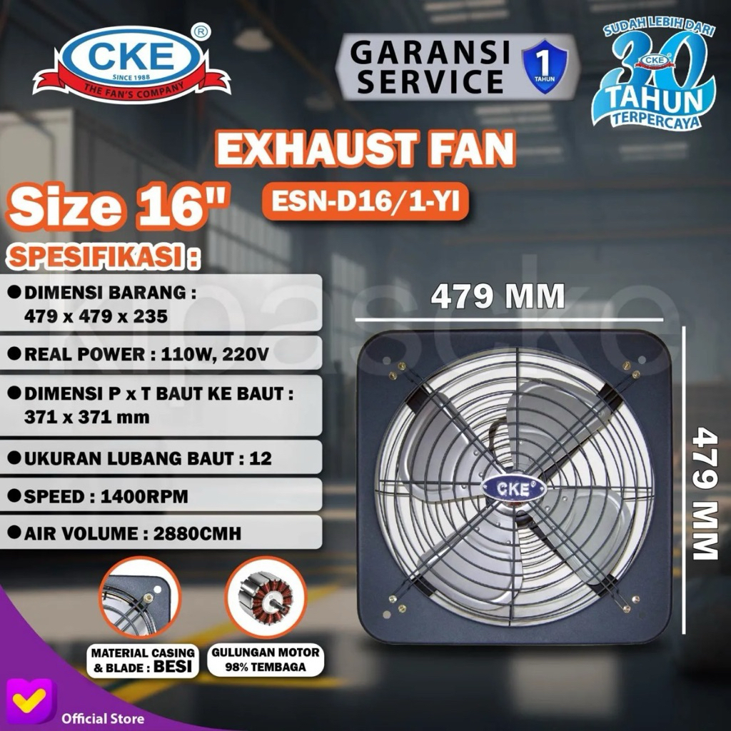EXHAUST FAN STD CKE 16 INCH 220V RUMAH DAPUR DINDING