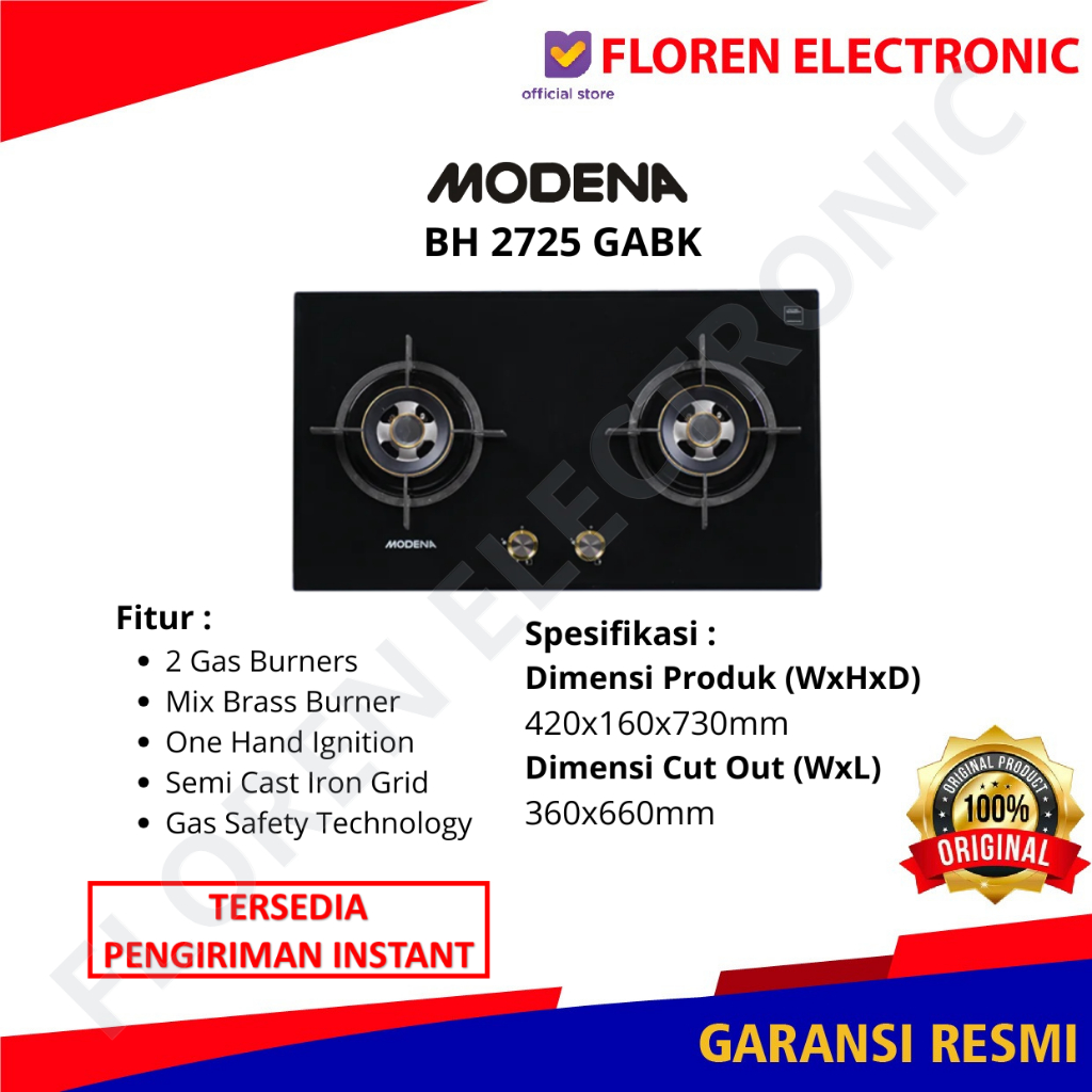 MODENA Kompor Tanam BH 2725 GABK / 2725GABK / BH2725GABK Hood PX0611DBBK