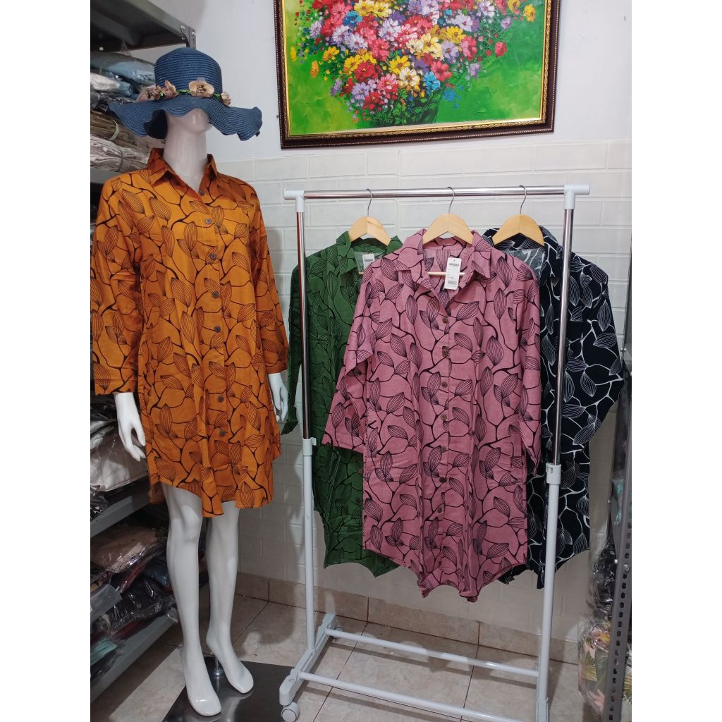 Tunik Linen Motif Daun Lengan Panjang