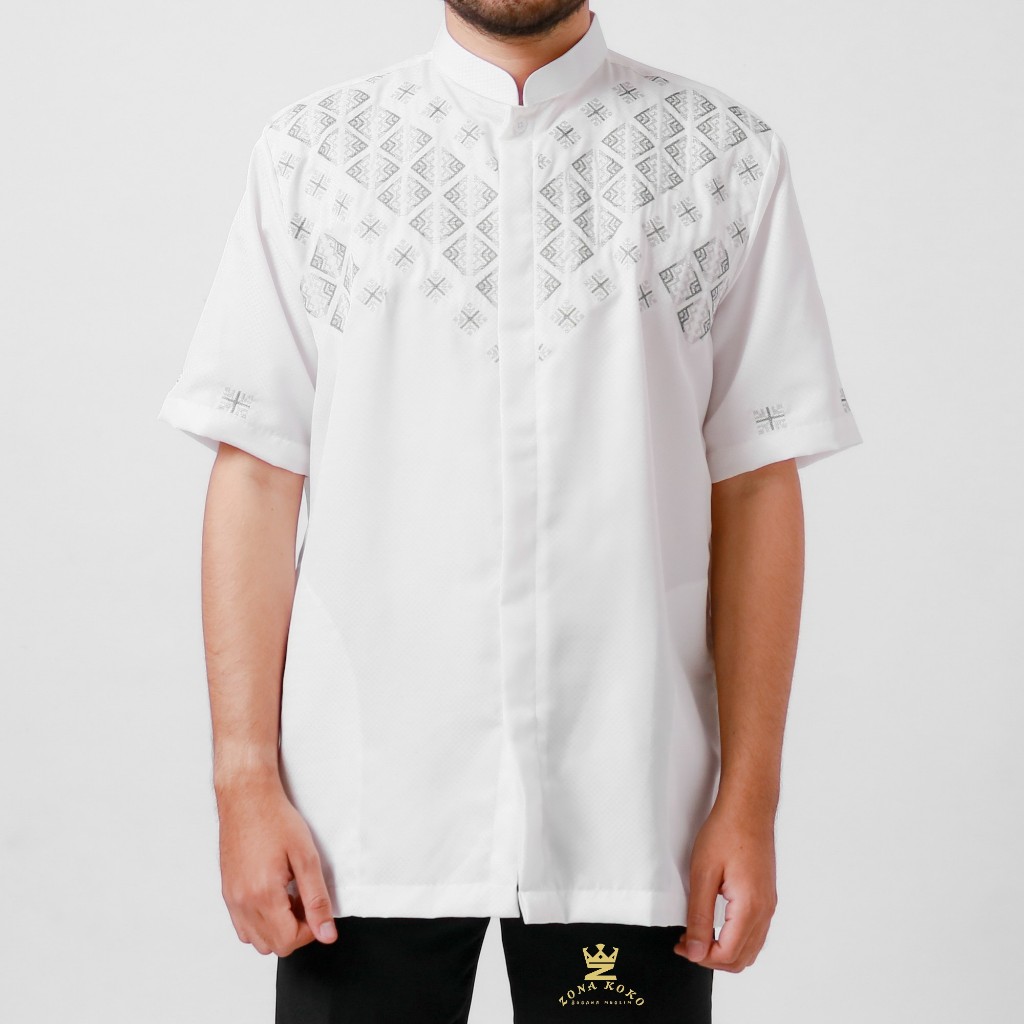 Zona Koko Baju Koko Pria Tangan Pendek Polikatun Premium Bordir Motif Terbaru Putih Tulang Size M L 
