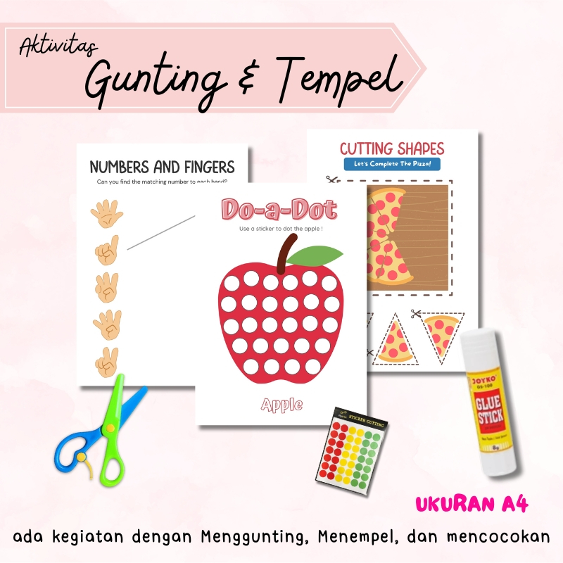 Kegiatan Edukasi Aktivitas Gunting dan Menempel Paud TK | Worksheet Preschool Cut and Glue Activity