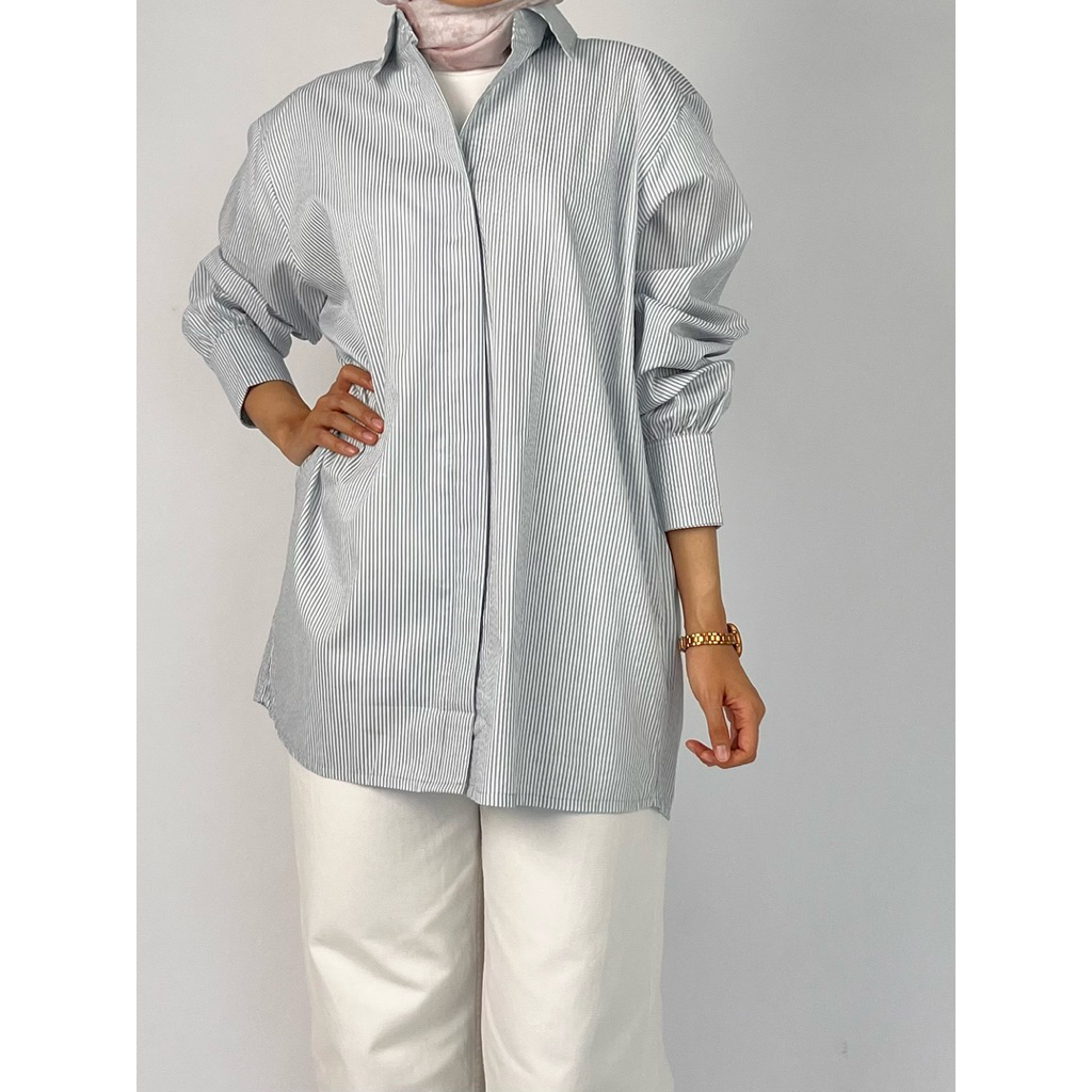 AMITAÉ Studio - Kemeja Motif Salur Oversized Katun Jepang | Kemeja Garis Salur Biru Abu | Kemeja For