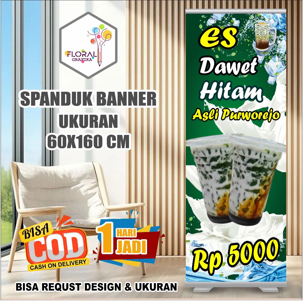Spanduk Banner Ukuran 60x160 Cm Es Dawet Hitam Free Custom Desain