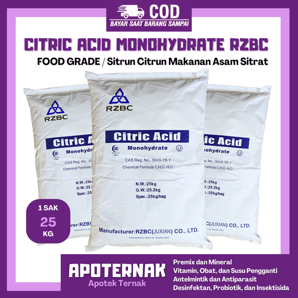 CITRIC ACID 25 KG MONOHYDRATE RZBC - FOOD GRADE - Sitrun Citrun Makanan Asam Sitrat Citric Acid