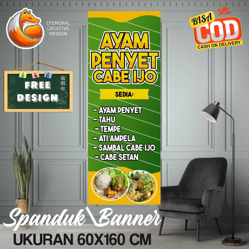SPANDUK BANNER 60X160 CM AYAM PENYET SAMBAL IJO FREE DESIGN