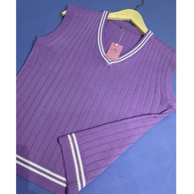 NEW | VEST Rajut Outer - Knit Wanita Tanpa Lengan - Warna Lilac - V Neck List Putih - Korean Style