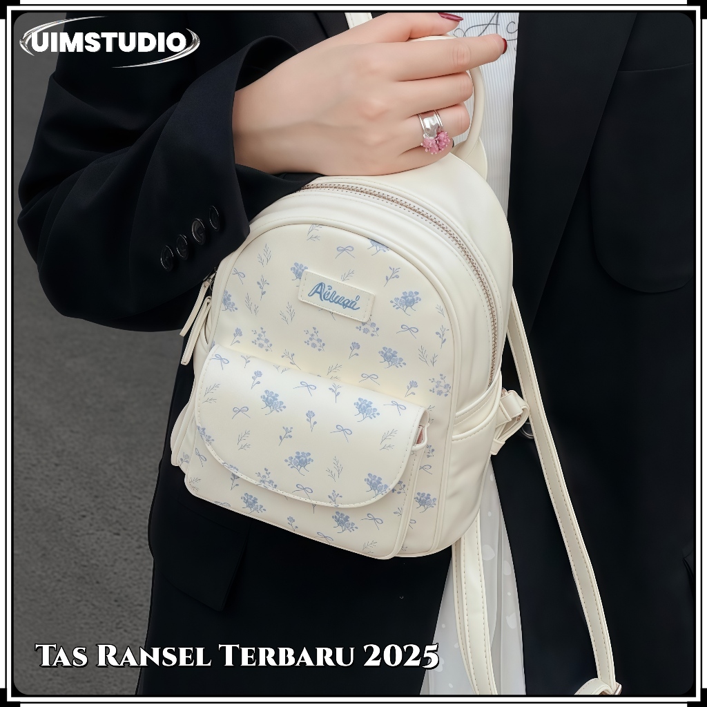 [COD] Y2k Tas Ransel Wanita Lucu Motif Cetak Backpack Korea Fashion Tas Sekolah Mini Tas Komuter PU 
